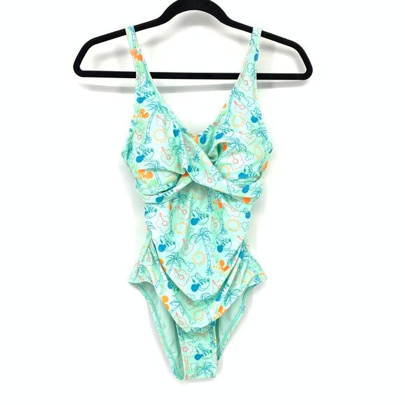 Disney Mickey & Minnie Twist Front One Piece Swimsuit Sz XS Tropical Print Mint - Picture 1 of 6